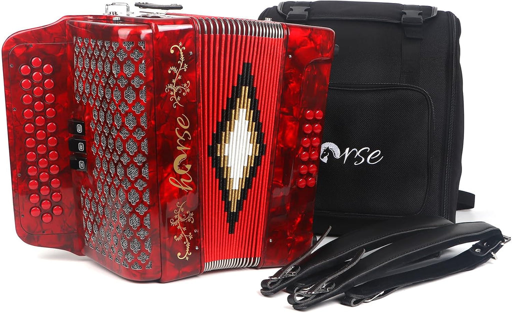 Horse 34 Key Accordion, GCF 12 Bass 3 Row, Made of Celluloid Louder & Clearer Timbre than Plastic,Accordions Instrument for Adults,W/Luxury Backpack,Straps,34 Buttons Acordeón Acordeones Para Adultos