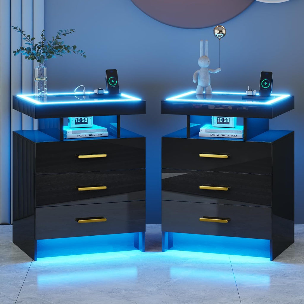 Black Night Stand Set 2 with Wireless Charging Station,Smart Bedside Table with 3 Drawers,Modern Glass Top End Side Table with 3 Color Dimmable,LED Nightstand for Bedroom
