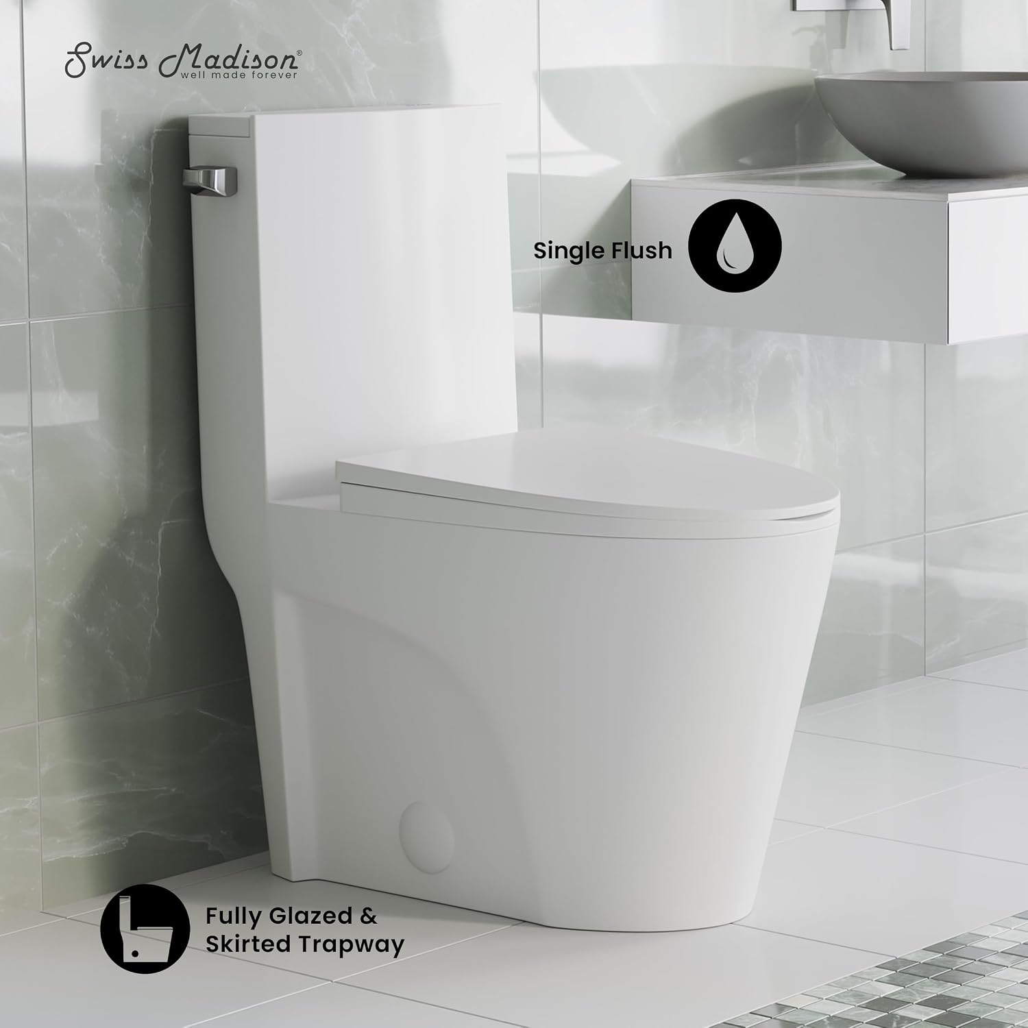St. Tropez One-Piece 10' Rough-in 1.28 GPF Left Flush Elongated Toilet in Glossy White