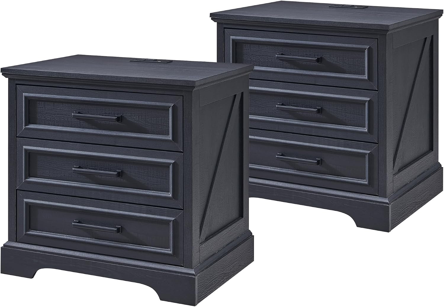 ACCOHOHO Farmhouse Nightstands Set of 2, 22 Inch Wide End Table with Charging Station & 3 Large Drawers, Rustic Wood Small Dresser Chest of Drawers for Bedroom, Living Room, Black