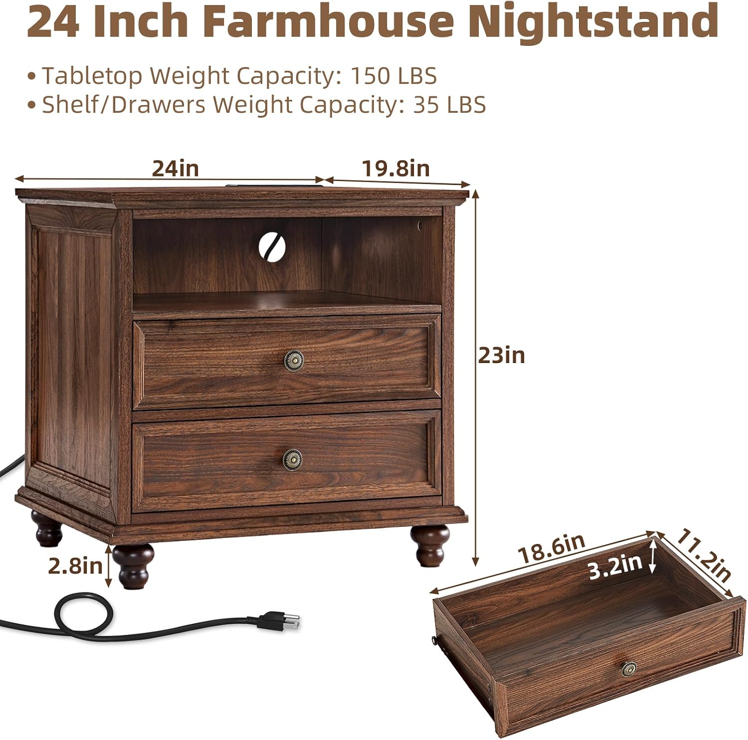 Joaxswe 24' Wide Farmhouse Nightstand Set of 2 with Charging Station,End Table with 2 Drawers,Brown Wood Dresser for Bedroom Cabinet, Bed Side Table Chest of Drawers, Night Stand for Living Room