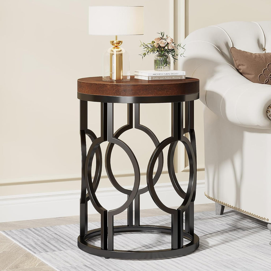 Tribesigns Round End Table Set of 2, Industrial Side Table with Metal Hollow Frame, Small Bedside Table Nightstand for Living Room, Bedroom, Easy Assembly (Rustic Brown,2 PCS)