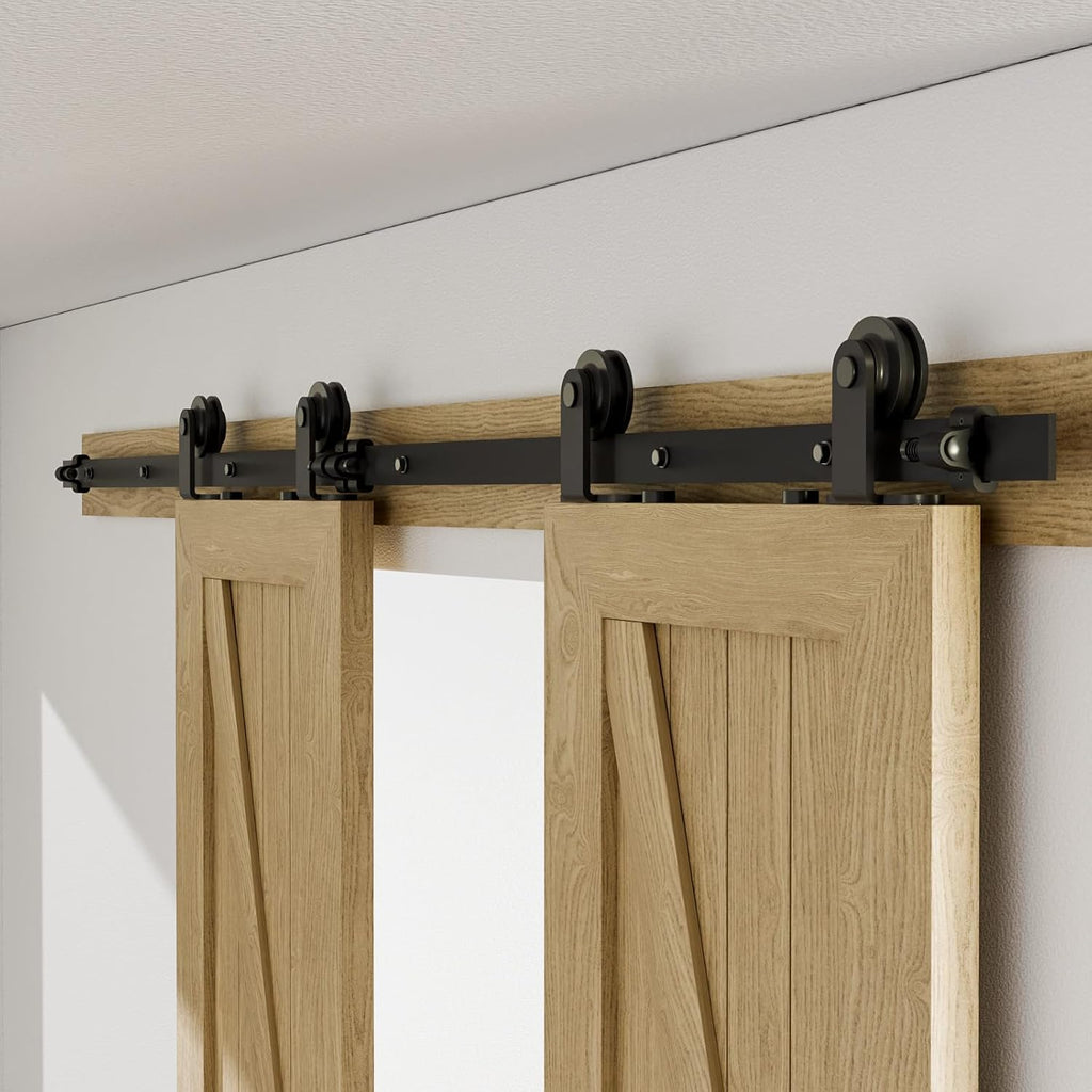 12FT Sliding Barn Double Door Hardware Cabinet Closet Track Kit Top Mount T Rollers Hangers Set for 2 Doors Black