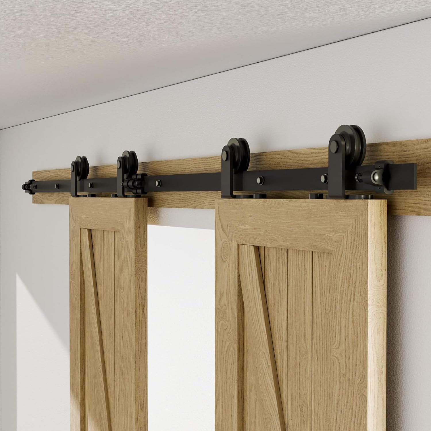 12FT Sliding Barn Double Door Hardware Cabinet Closet Track Kit Top Mount T Rollers Hangers Set for 2 Doors Black