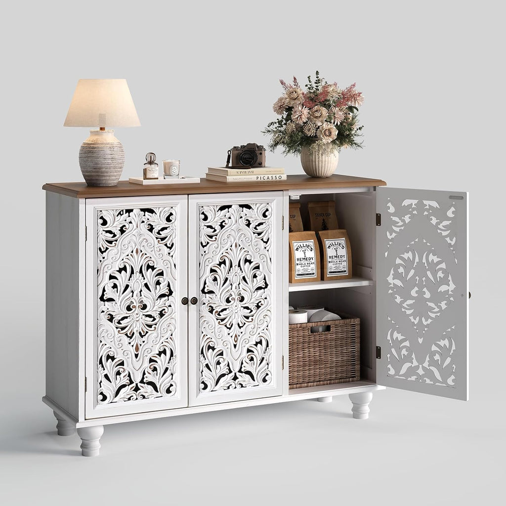 JOINICE 43' Accent Cabinet with 3 Carved Doors, White Farmhouse Buffet Cabinet with Storage & Solid Wood Legs, Boho Sideboard Console Table for Living Room, Entryway, Dining Room, Coffee Bar