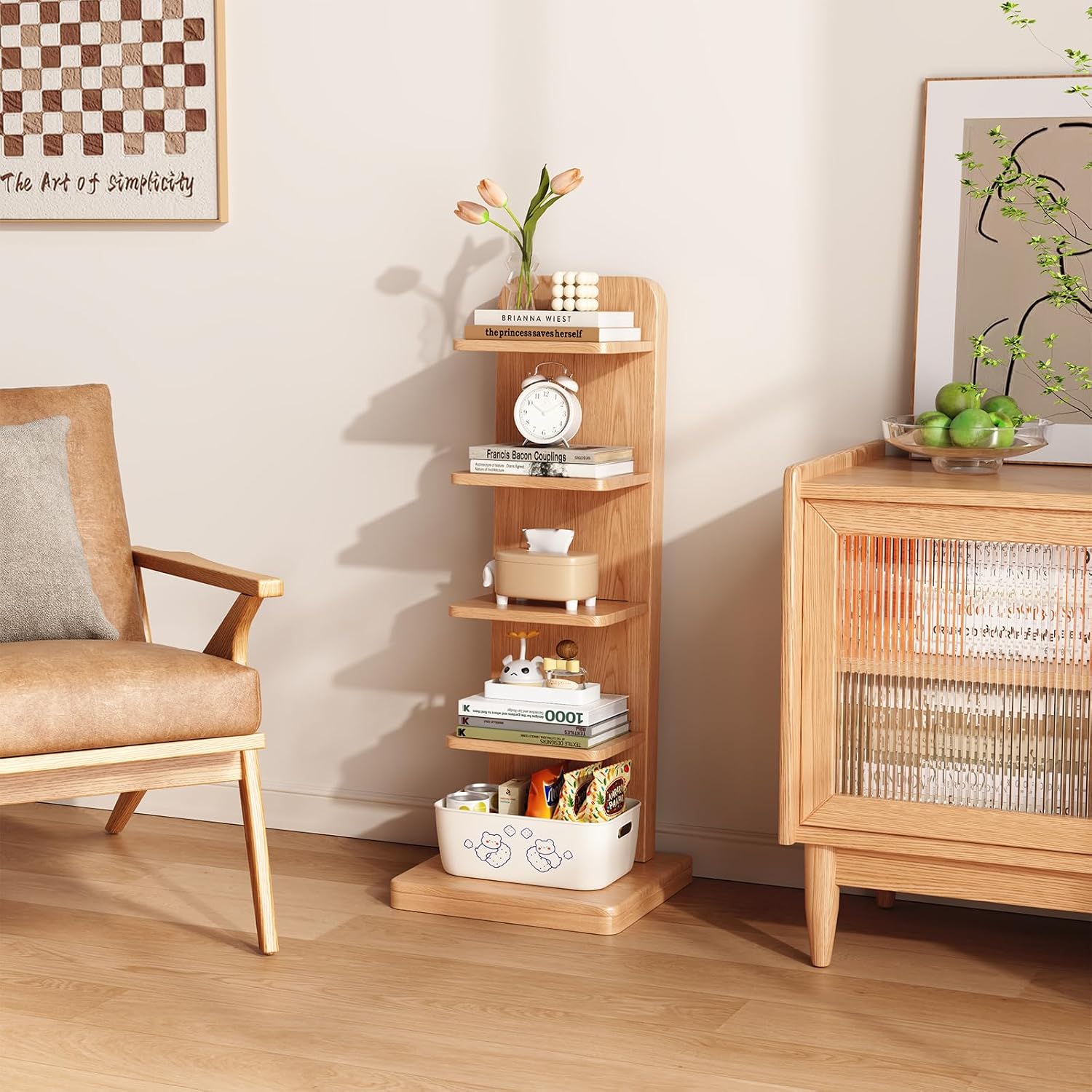WoodsWhisper Solid Wood 5-Tier Narrow Bookshelf Small Spaces Open Storage | Solid Wood | Narrow Design | 5 Tier Storage | Anti-Tip | Easy Assembly