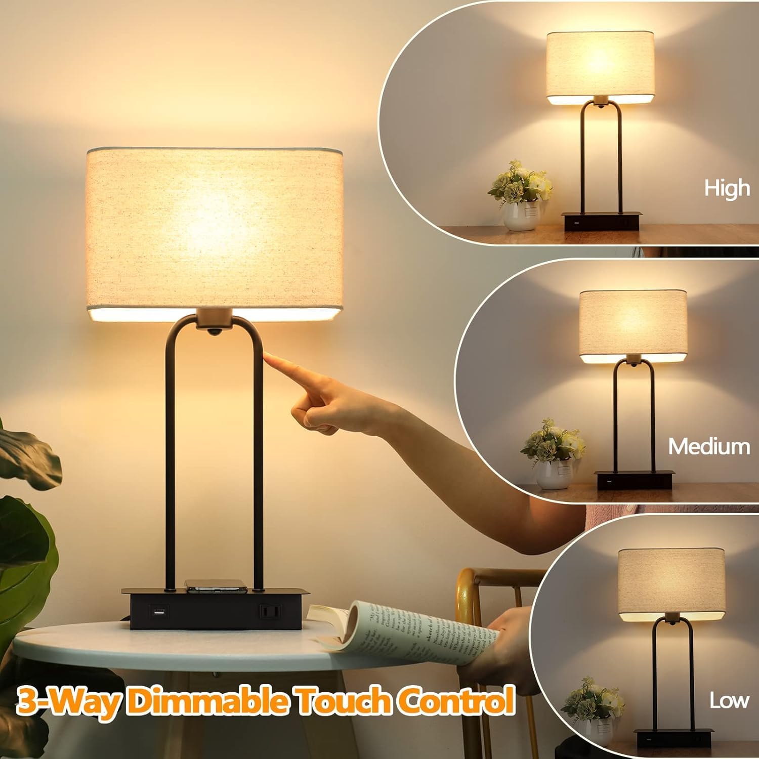 Set of 2 Wireless Charging Touch Control 3-Way Dimmable Table Lamps, Beside Nightstand Lamps for Bedroom with USB Port & AC Outlet, Living Room Office End Table Lamp, LED Bulbs Included, Chip Upgraded