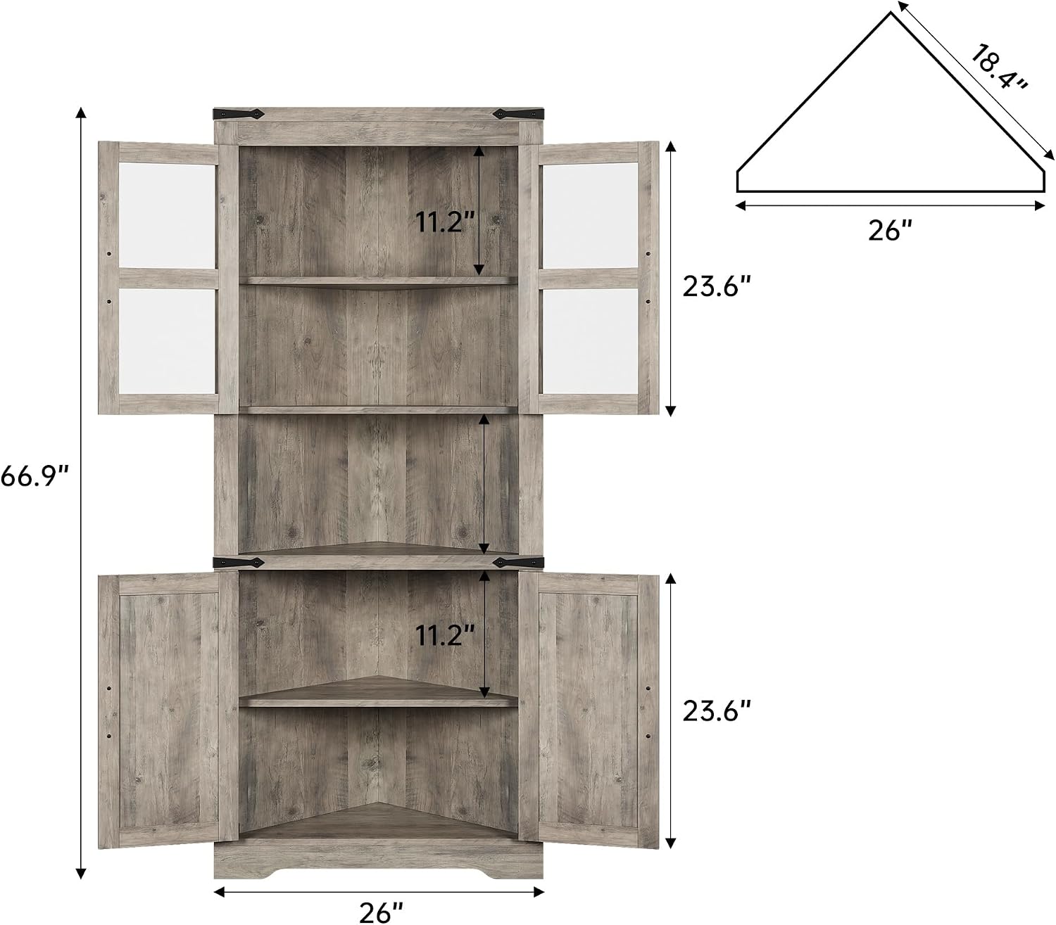 Senfot Tall Corner Storage Cabinet, Bathroom Floor Storage Cabinet with Doors and Adjustable Shelves, Freestanding Tall Cabinet Organizer for Bathroom, Kitchen, Living Room, Washed Grey