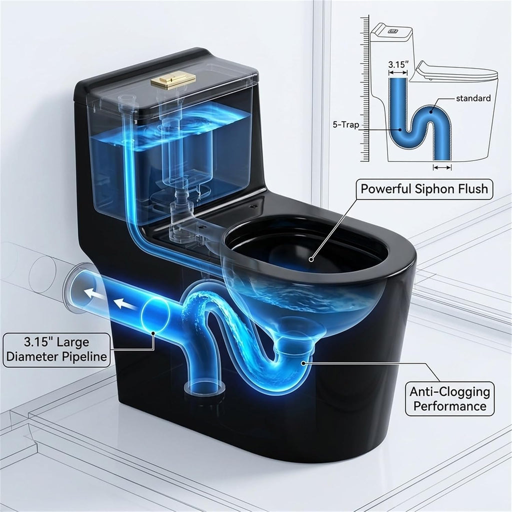 Compact One Piece Toilet, Dual Flush 1.45 Gallons GPF Elongated Standard Toilet for Bathroom, 12' Rough-In, Floor Mounted Comfort Height, Black (Seat Included)
