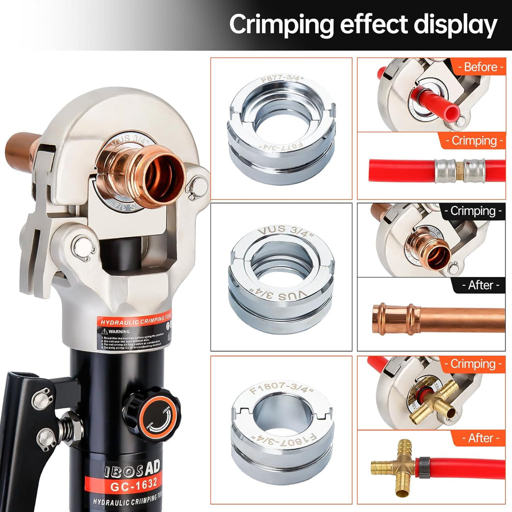 Hydraulic Copper Pipe Tube Fittings Crimping Tool with1/2,3/4,1' Dies for Copper Pipe and F877 Stainless PEX Press Sleeves,3/8',1/2',5/8',3/4',1' Dies for ASTM F1807 Pex Pipe Copper Ring