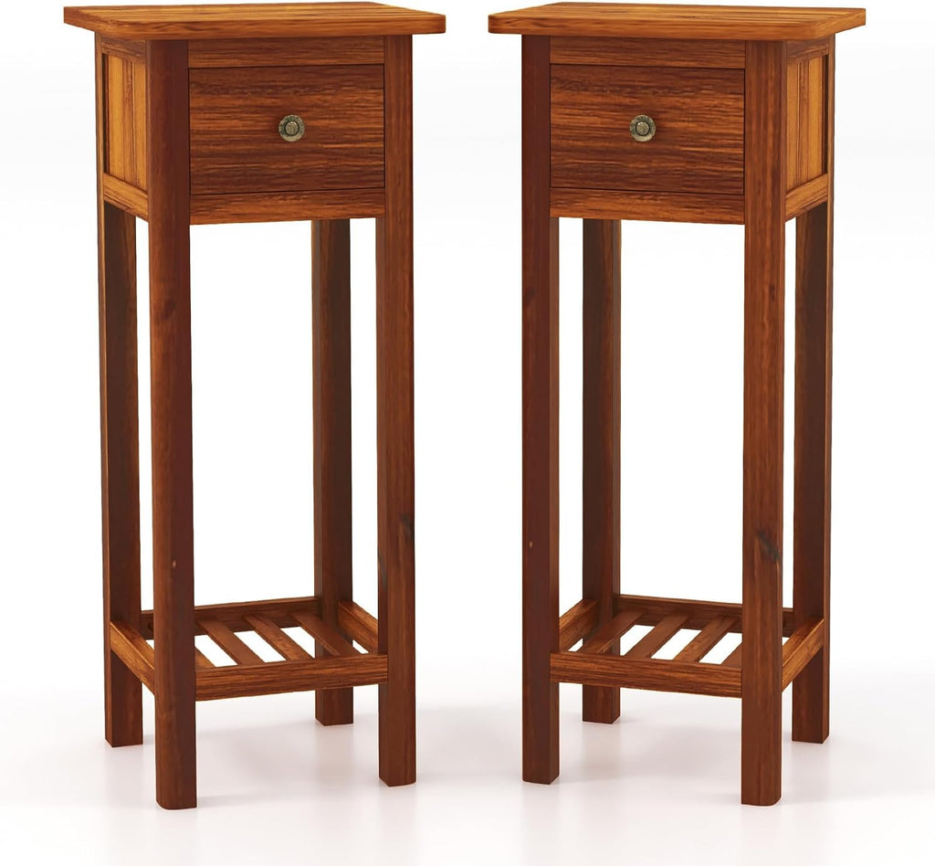 Giantex Tall End Table Set of 2, Narrow Side Table with Drawer and Shelf, Acacia Wood Nightstand for Living Room, 2-Tier Bedside Table for Small Space, No Assembly, Rustic Brown