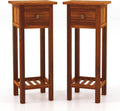 Giantex Tall End Table Set of 2, Narrow Side Table with Drawer and Shelf, Acacia Wood Nightstand for Living Room, 2-Tier Bedside Table for Small Space, No Assembly, Rustic Brown