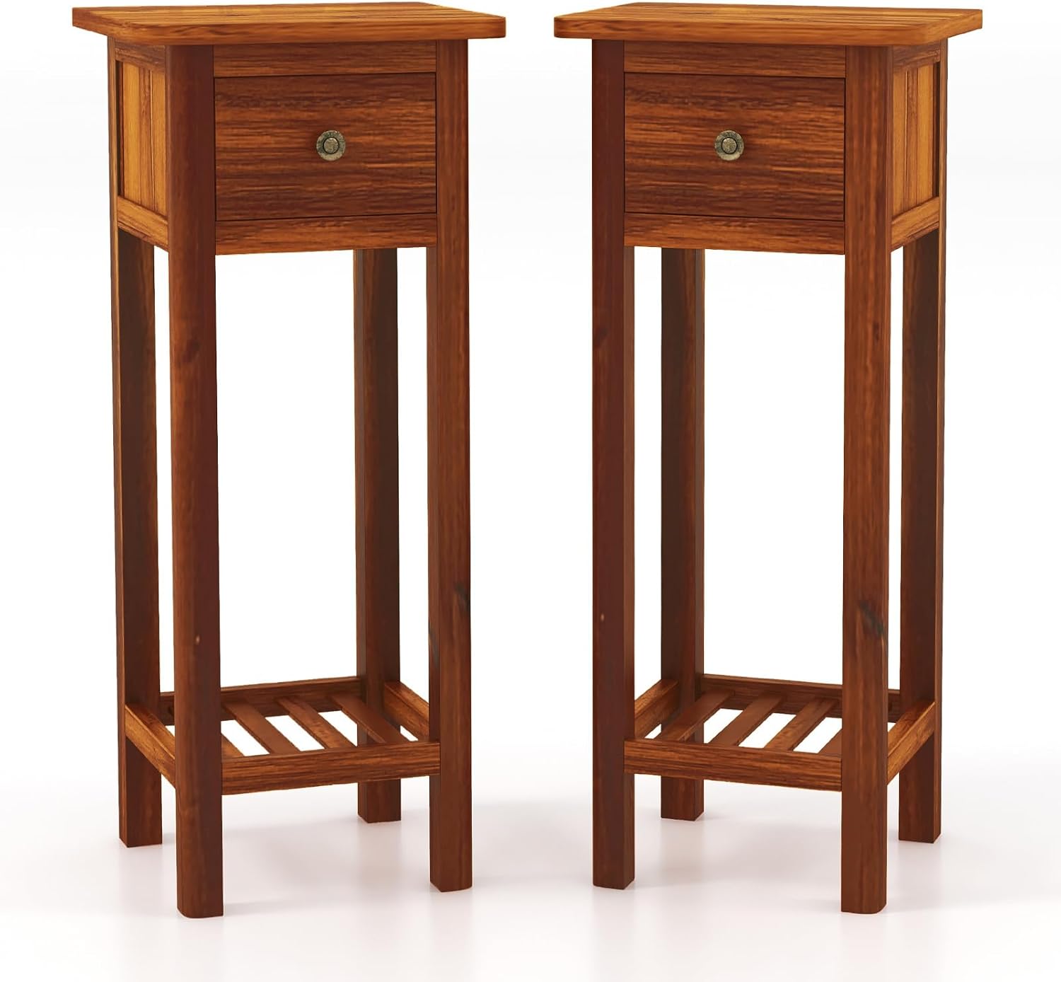 Giantex Tall End Table Set of 2, Narrow Side Table with Drawer and Shelf, Acacia Wood Nightstand for Living Room, 2-Tier Bedside Table for Small Space, No Assembly, Rustic Brown