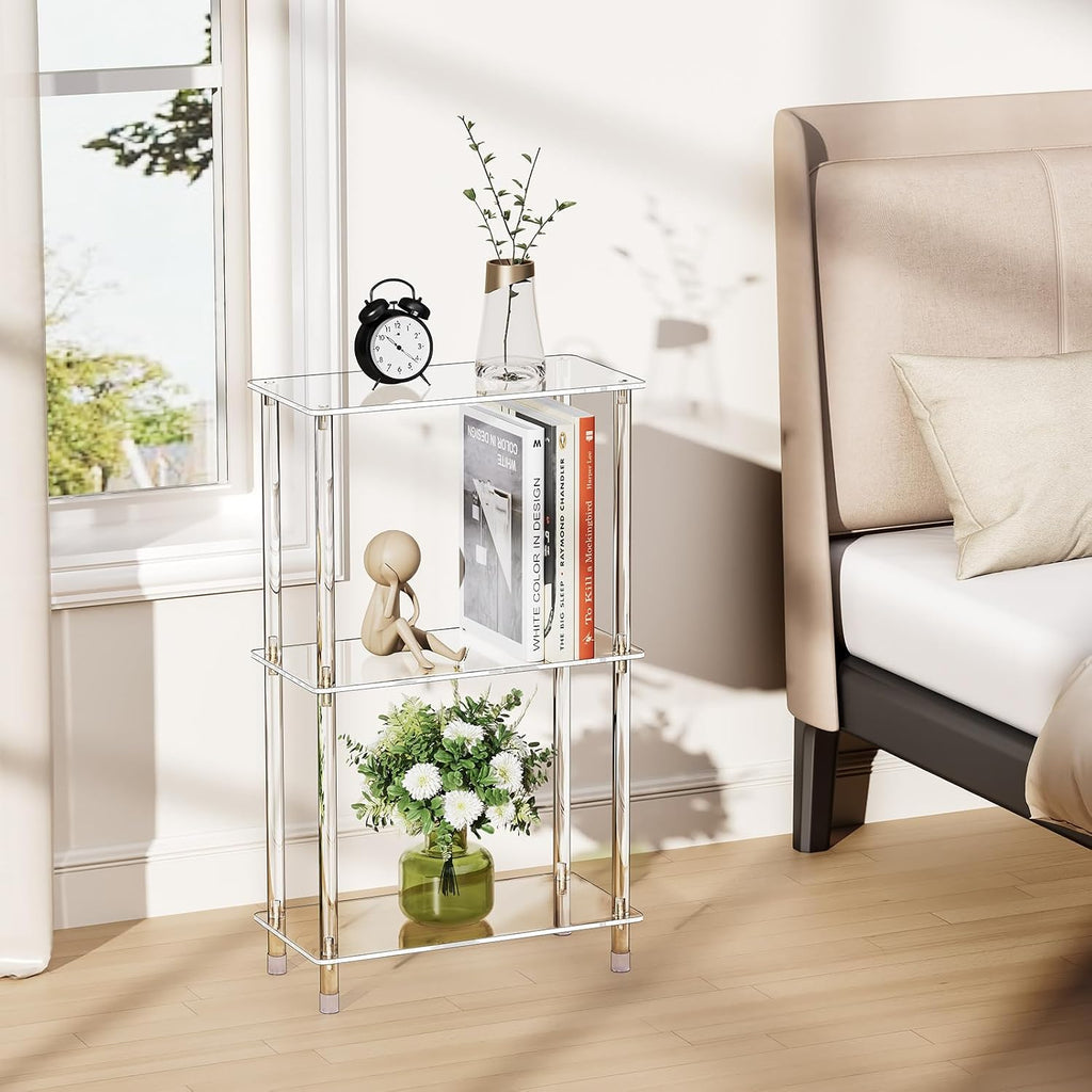Clear Acrylic Narrow Side Table Set of 2 for Small Spaces, 15.75' L x 7.87' W x 26.7' H, 3 Tier Rectangle Slim End Table Nightstand, Small Mini Skinny Bedside Table for Bedroom, Living Room