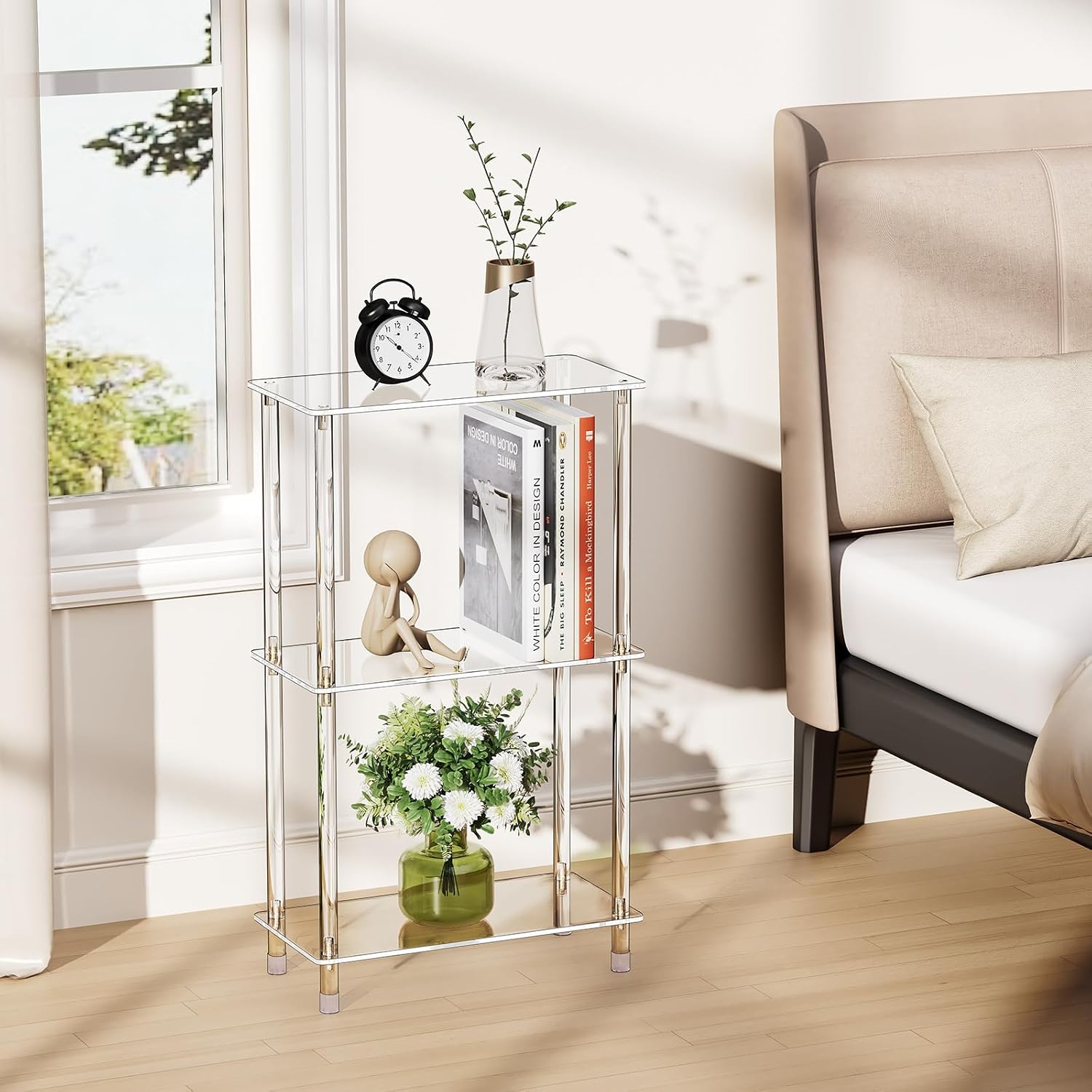 Clear Acrylic Narrow Side Table Set of 2 for Small Spaces, 15.75' L x 7.87' W x 26.7' H, 3 Tier Rectangle Slim End Table Nightstand, Small Mini Skinny Bedside Table for Bedroom, Living Room