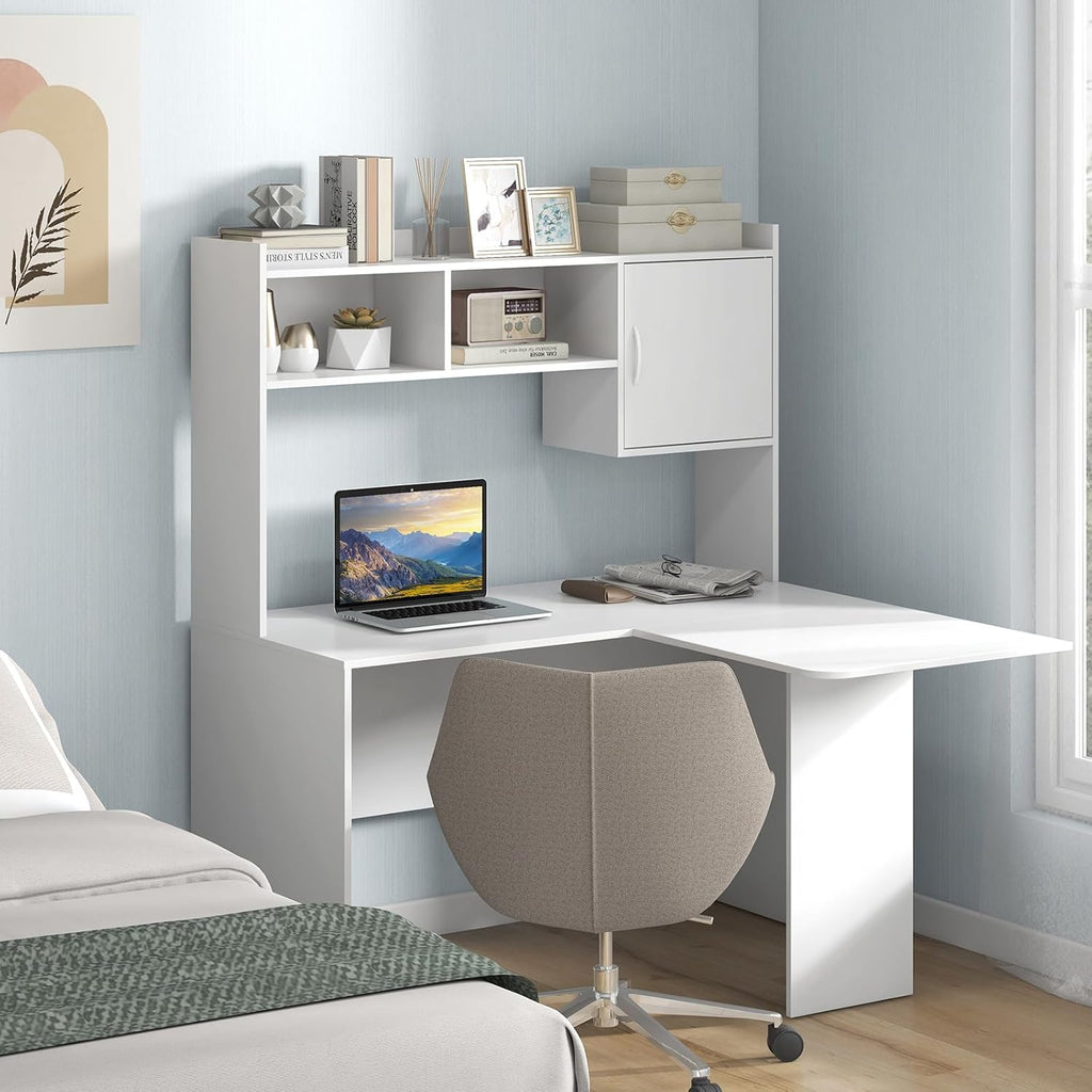 GOFLAME L-Shaped Desk with Open Storage Hutch, Corner Computer Desk with Shelves & Cabinet, Modern Writing Study Desk for Home Office, Laptop PC Desk Gaming Desk, White