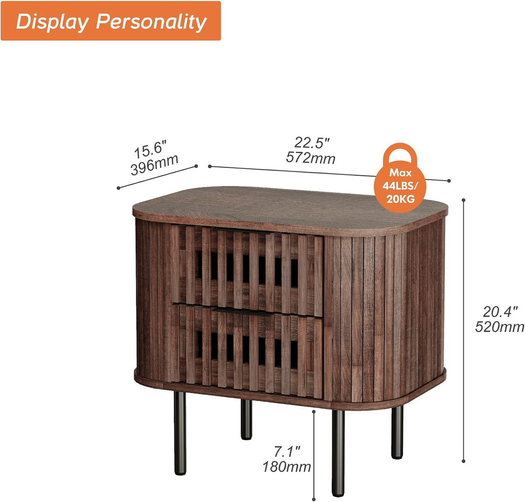 WAMPAT Set of 2 Fluted Nightstands, Modern Wooden End Tables with Drawer, Storage Bedside Table for Bedroom and Living Room