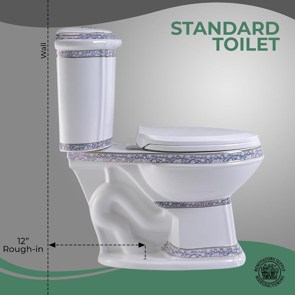 Renovators Supply Manufacturing Dual Flush 2-Piece Elongated Toilet, India Reserve Style with Slow Close Seat, 0.8/1.6 GPF Water Saving, Blue and Gold Vitreous China