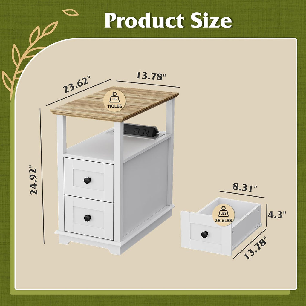 WLIVE End Table with Charging Station, Narrow Side Table for Living Room, Farmhouse Nightstand with Storage, Small Wooden Cabinet with USB Ports and Outlets for Living Room and Bedroom, White