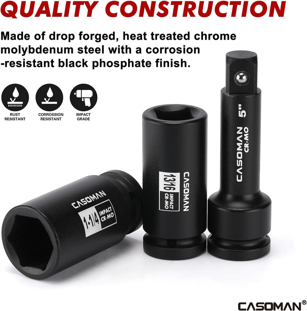 CASOMAN 3/4-Inch Drive Jumbo Master Impact Socket Set, 21PCS SAE Deep Socket Assortment (7/8' to 2'), Include Extension Bar and Ratchet Handle, CR-MO