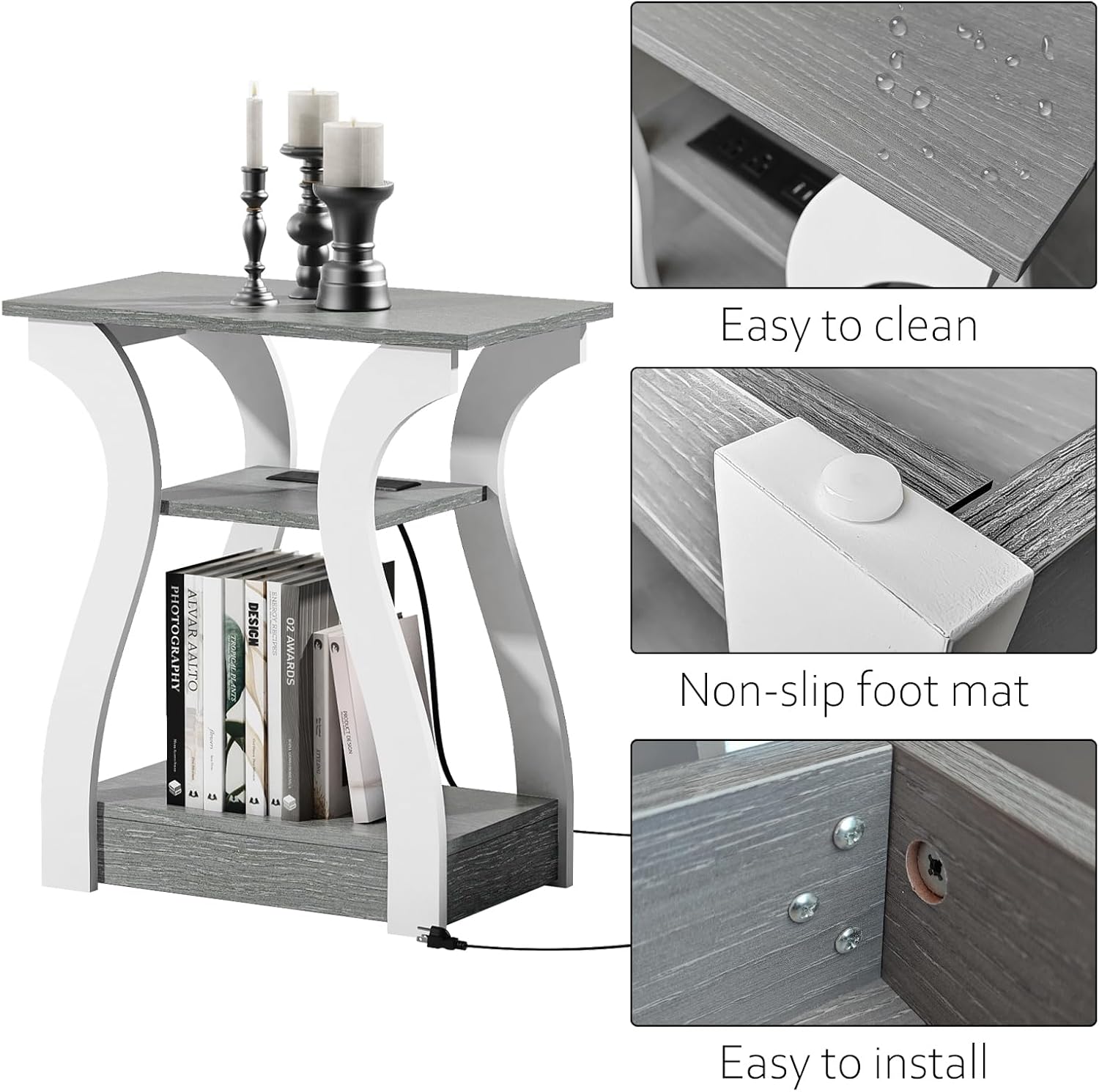 FROMJBEST End Tables Living Room Set of 2,Grey End Table with Charging Station,Grey Side Table, Nightstand for Bedroom, 3 Tier End Table with Storage Shelf for Living Room