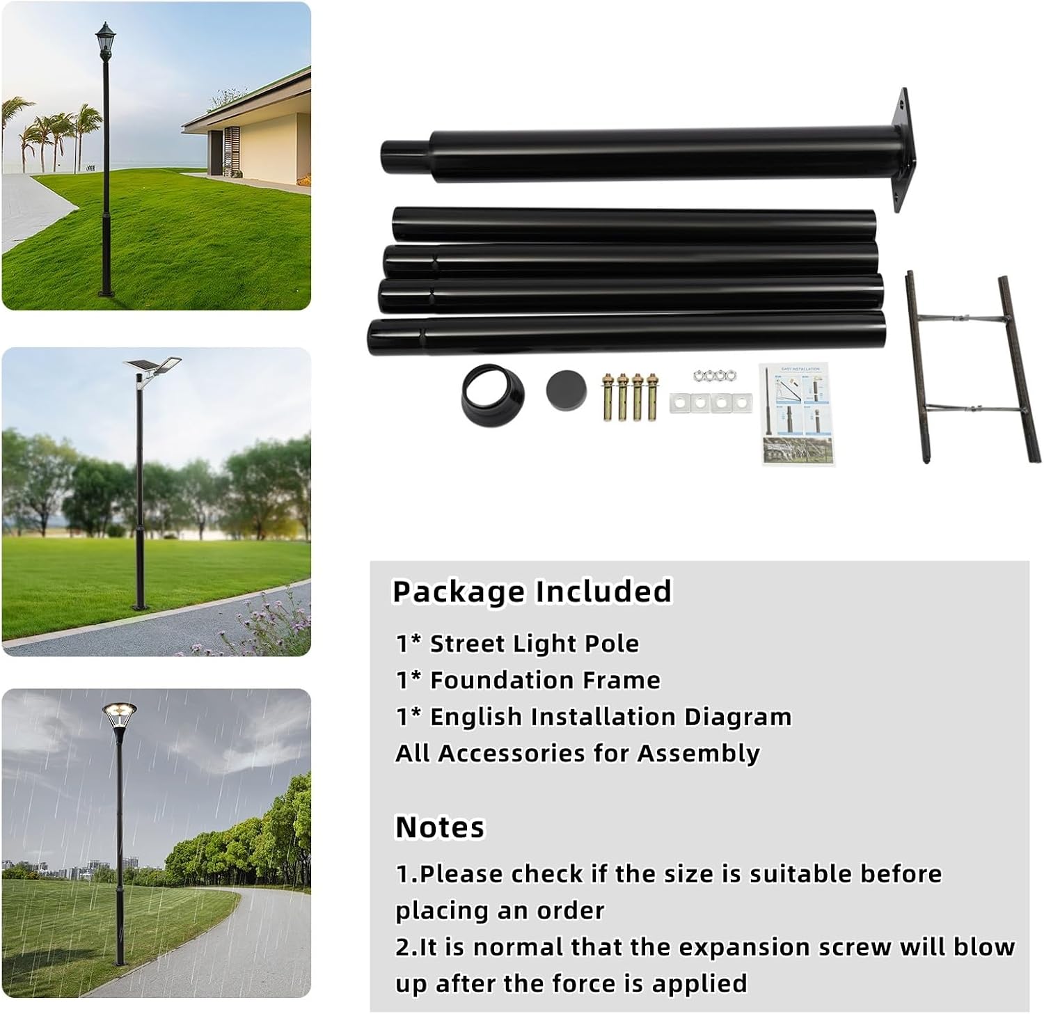 Street Light Pole, 16ft Tall Split Street Lamp Post for Outdoor Street Courtyard Parking Lot Lighting Post Fixtures with Mounting Ground Cage (16FT 114+76mm)