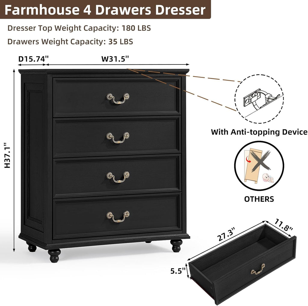 Joaxswe Farmhouse 4 Drawer Dresser for Bedroom, 37' Tall Rustic Chests of Drawers w/ 4 Solid Wood Feet, Mid Century Modern Wooden Closet Storage Dressers Organizer for Living Room, Hallway, Black