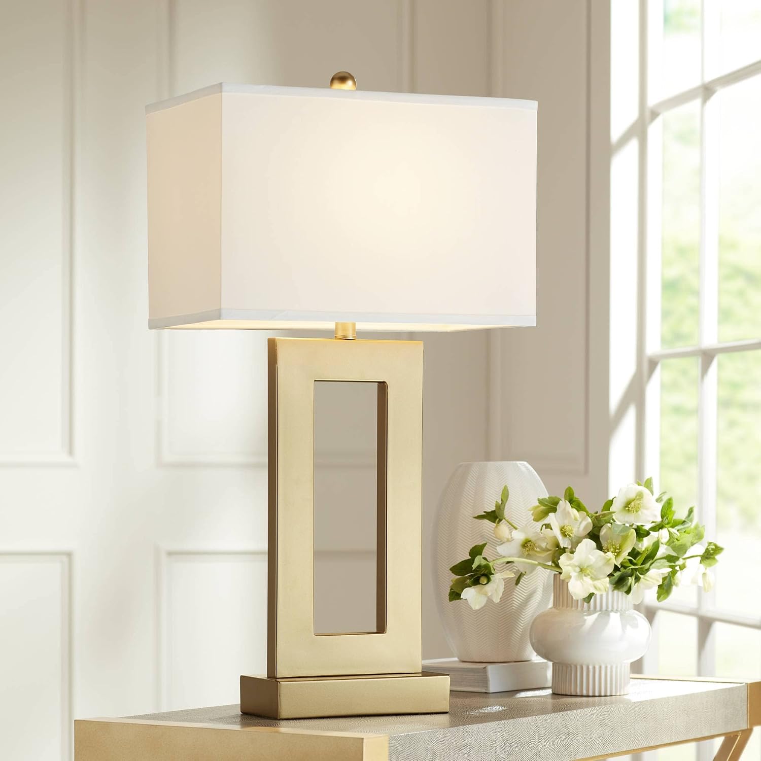 360 Lighting Marshall 30' Tall Open Rectangle Large Modern Luxe Glam End Table Lamps Set of 2 Gold Finish Metal White Shade Living Room Bedroom Bedside Nightstand House Office Home Kitchen