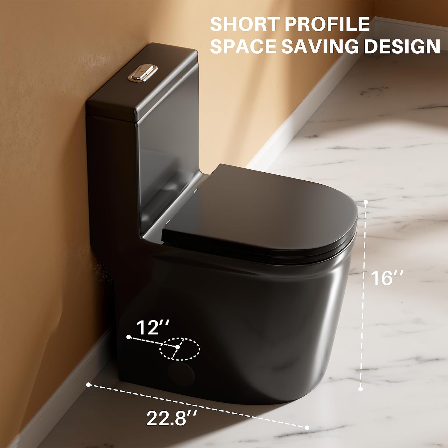 WinZo WZ5079B Compact One Piece Toilet 22.8' Depth Modern Short Design Dual Flush for Small Tiny Mini Bathroom 12' Rough-in,Matte Black