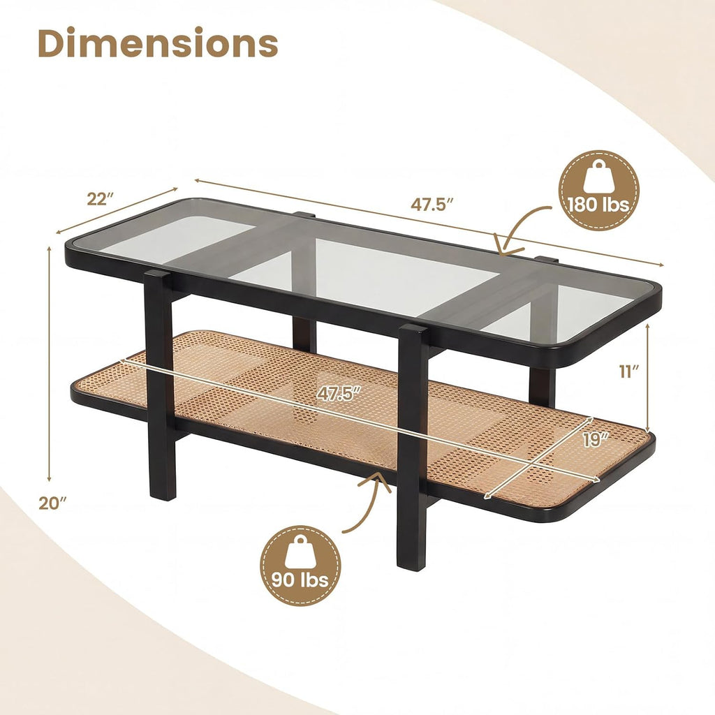 GOFLAME Rattan Coffee Table, 47.5' Solid Wood Center Table with Tempered Glass Top & Rattan Storage Shelf, Rectangular, Farmhouse, Boho, 2-Tier Mid Century Modern Tea Table for Living Room (Black)