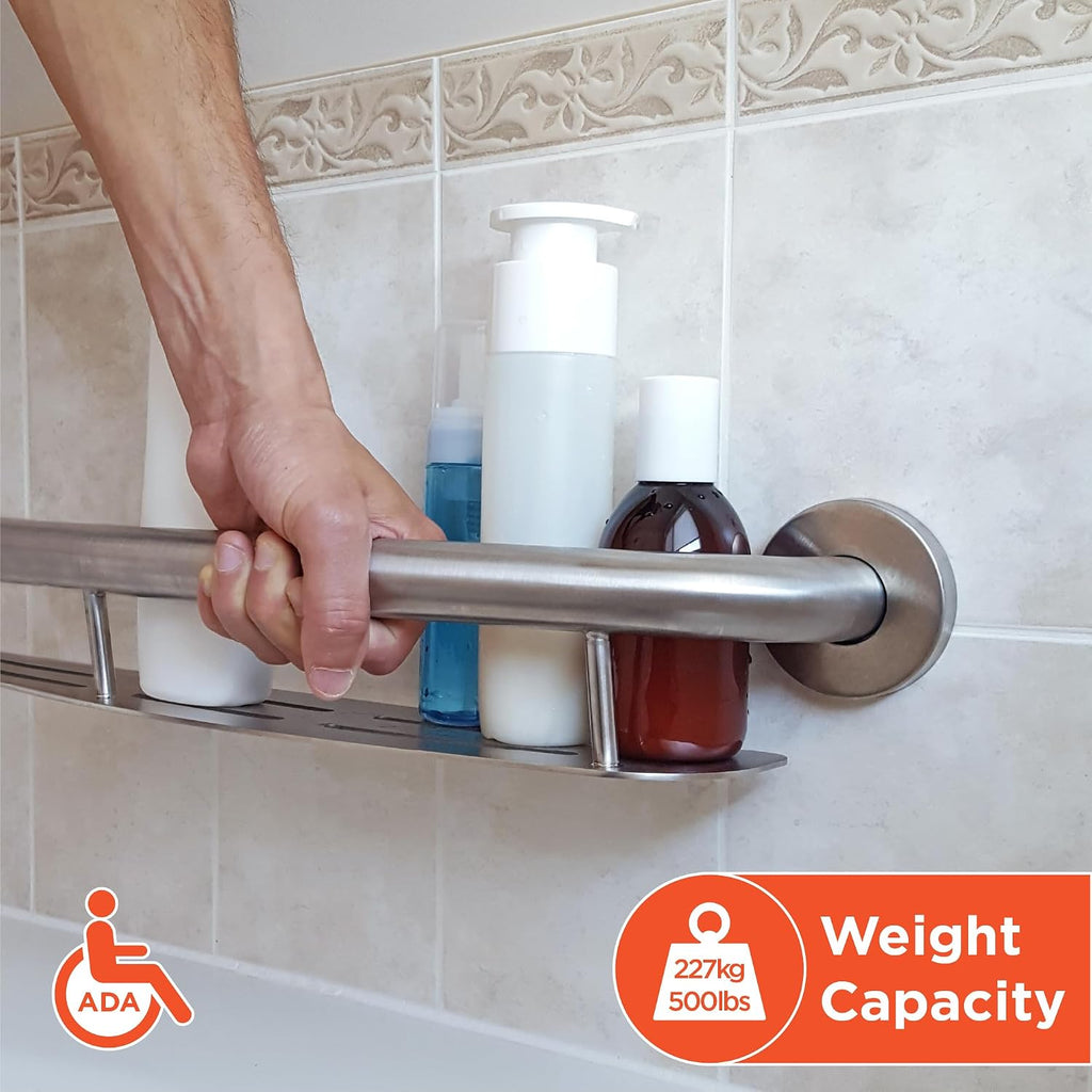 HEALTHCRAFT Plus Shampoo Shelf & Grab Bar 24' - Brushed Stainless, 500 Lbs | Built-in shampoo shelf, concealed screws, no separate shelf needed