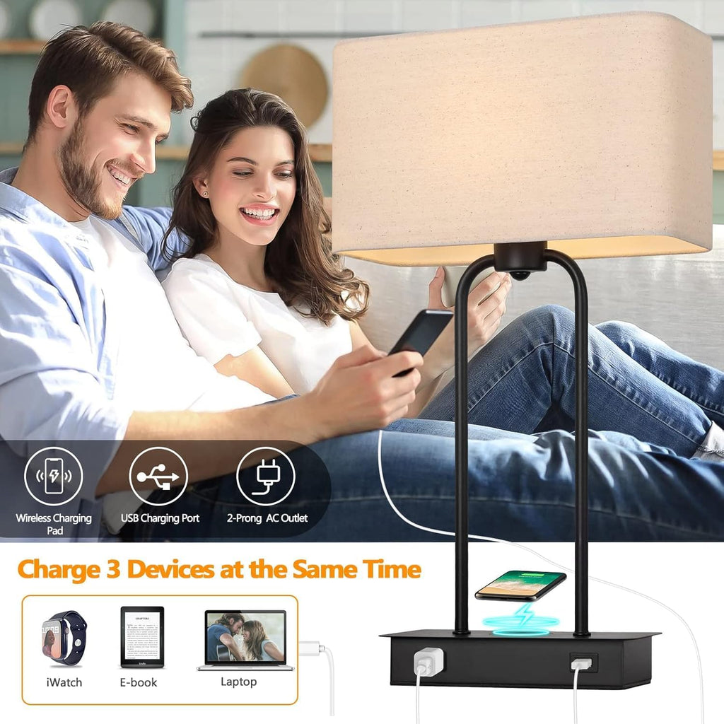 Set of 2 Wireless Charging Touch Control 3-Way Dimmable Table Lamps, Beside Nightstand Lamps for Bedroom with USB Port & AC Outlet, Living Room Office End Table Lamp, LED Bulbs Included, Chip Upgraded