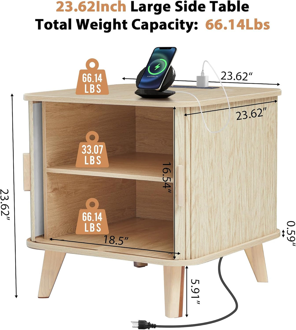 End Table with Charging Station, 24' Fluted Night Stands with Sliding Door, Farmhouse Large Wooden Side Table with Storage for Bedroom Living (Square, Natural)