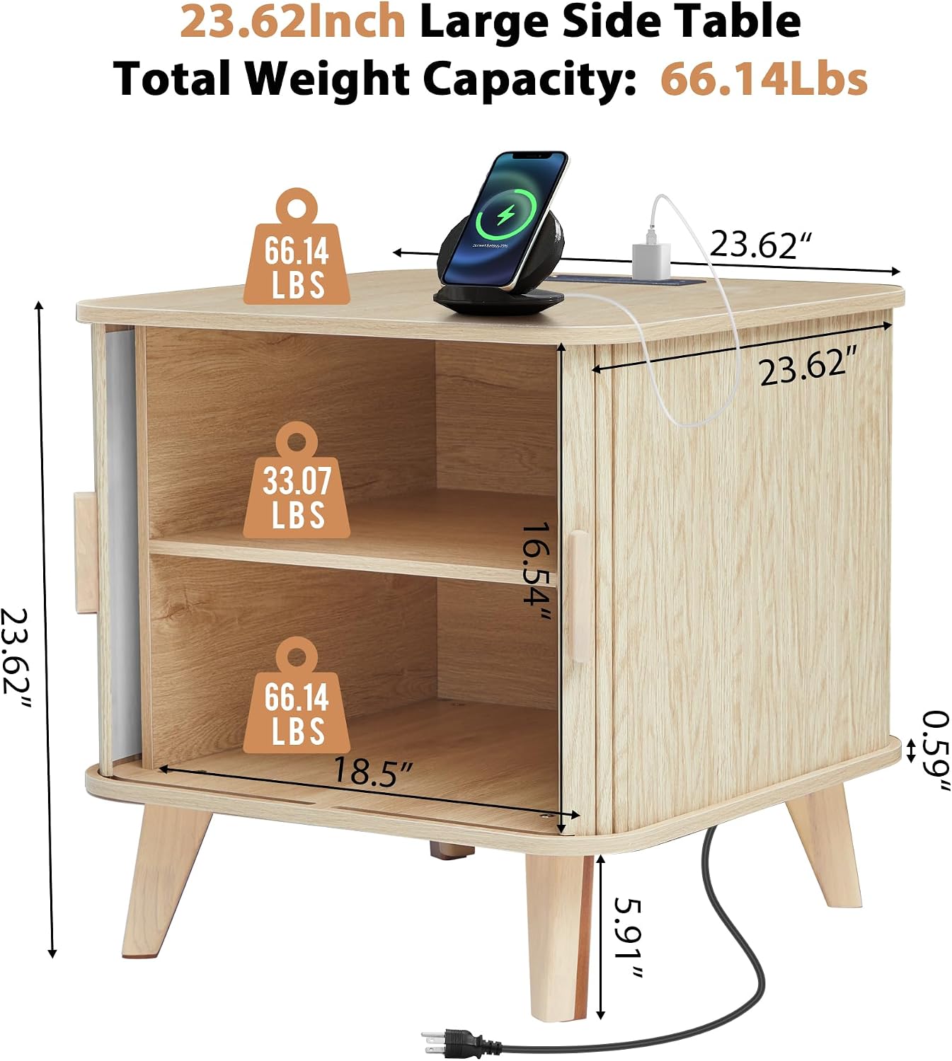 End Table with Charging Station, 24' Fluted Night Stands with Sliding Door, Farmhouse Large Wooden Side Table with Storage for Bedroom Living (Square, Natural)