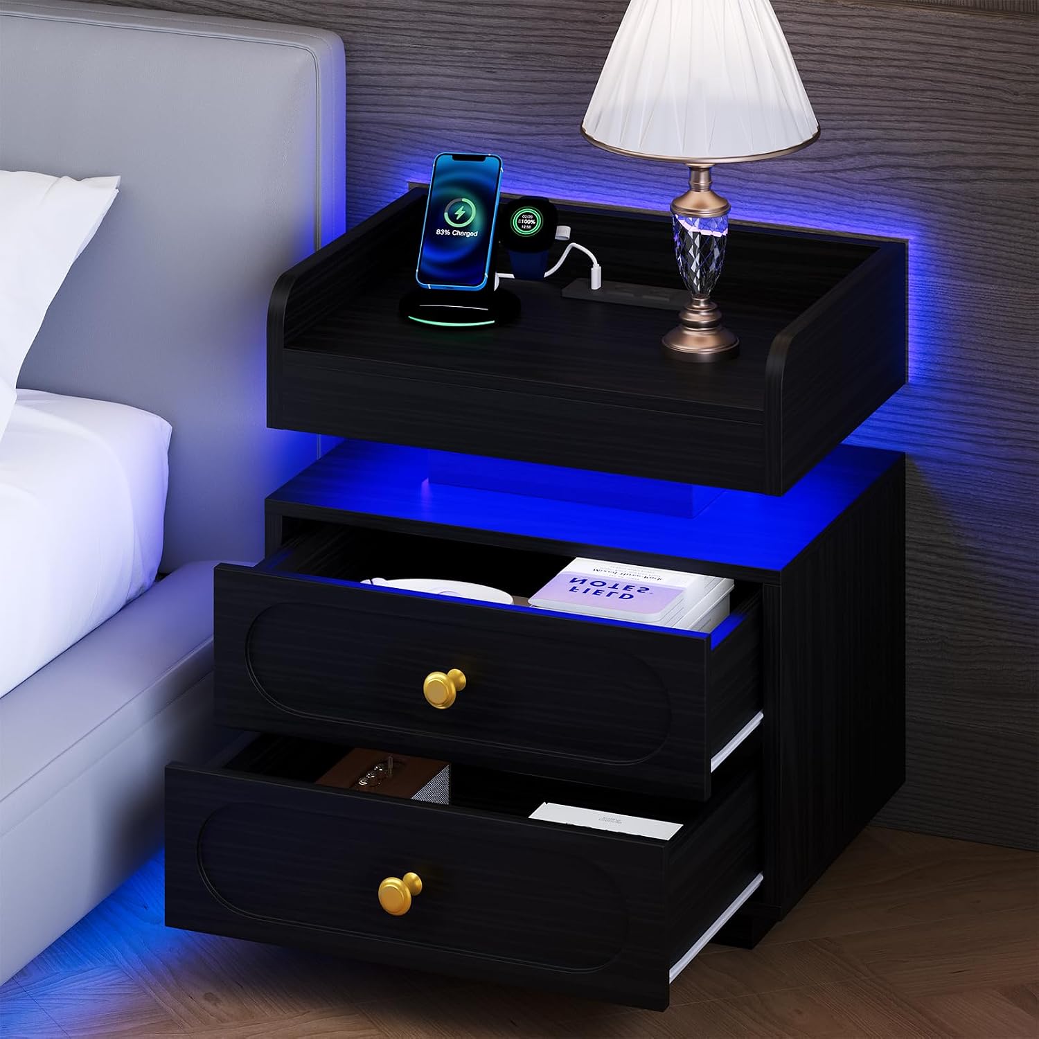 4ever2buy Black Nightstand Set of 2 with Adjustable LED Lights and Charging Station Modern Bedside Tables with 2 Drawers End Tables for Bedroom