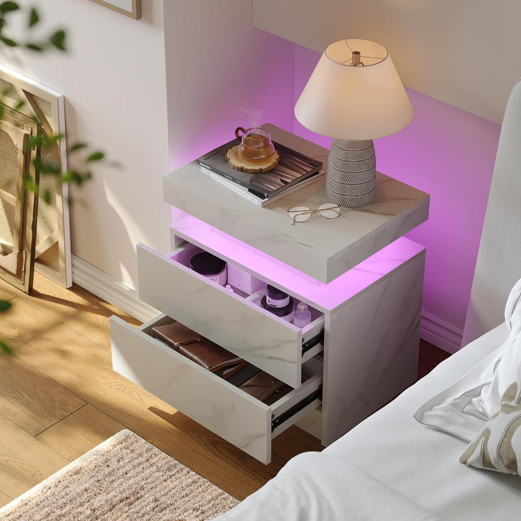 Cubehom Nightstands Set of 2, Bedside Tables with LED Lights, Night Stands with 2 Wood Drawers, End Tables Set of 2 for Living Room/Bedroom