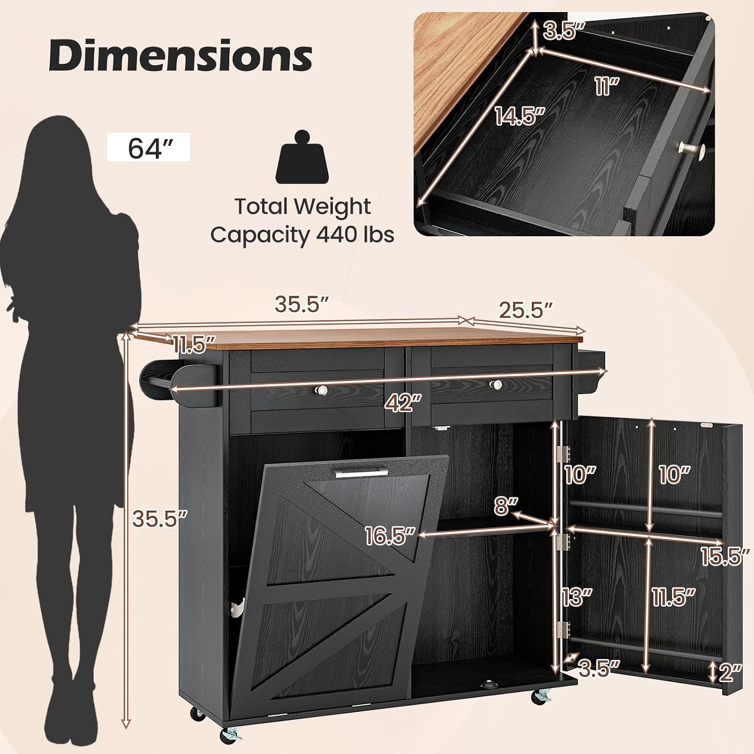 Rolling Kitchen Island with Trash Can Storage Cabinet, Drop Leaf Breakfast Bar Table, Towel Holder, 2 Drawers & Door Racks, 4 Rubber Wheels, Wood Island Table for Kitchen (Black)