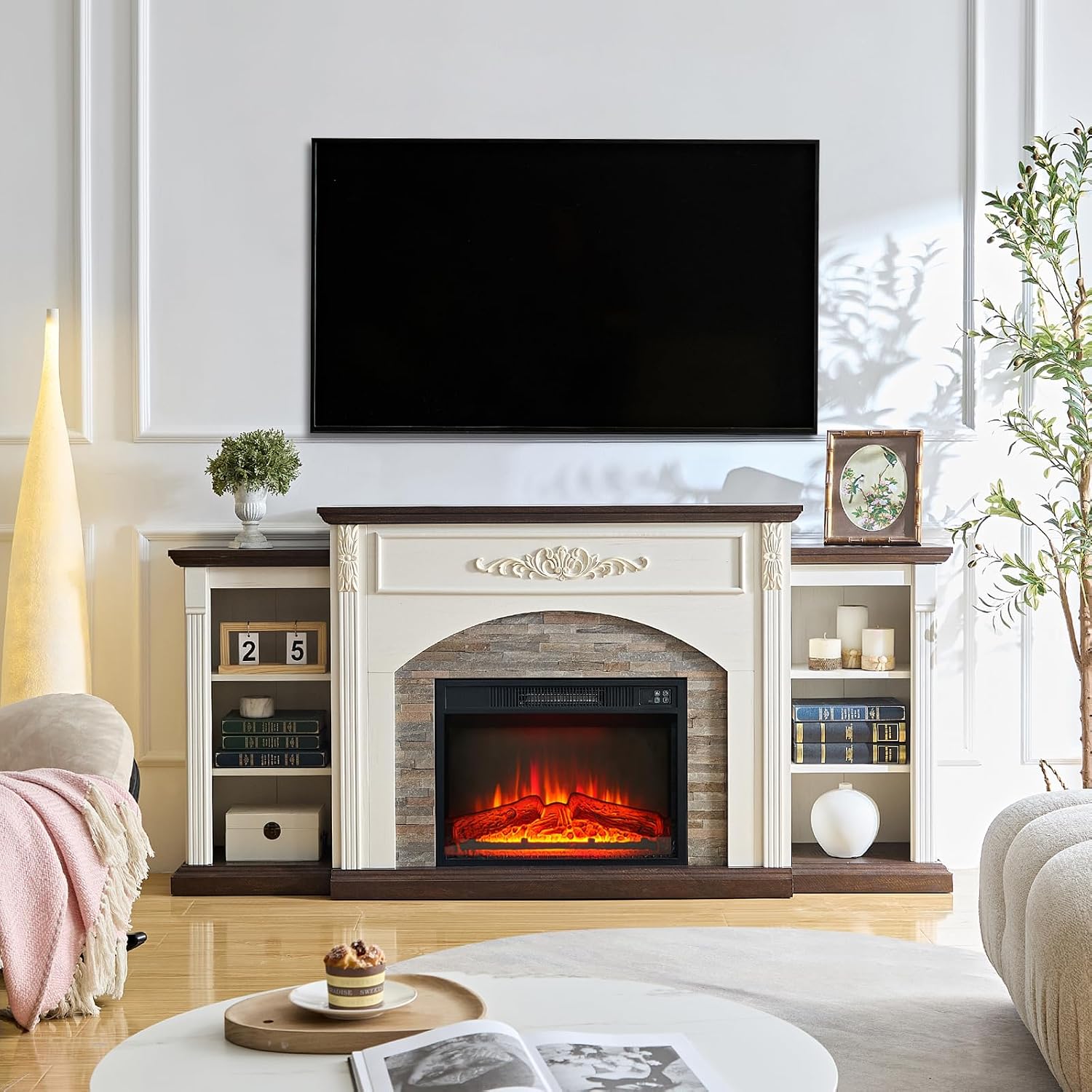 72' Electric Fireplace with Mantel, White TV Stand for TVs Up to 80 Inch, Farmhouse Entertainment Center with Storage for Bedroom,23'' Fireplace Insert Heater for Living Room