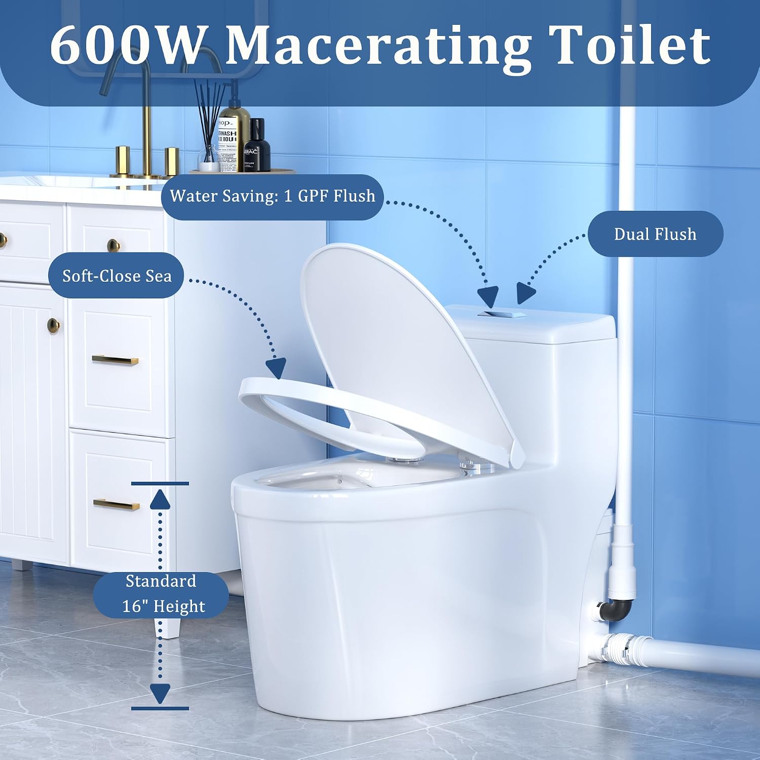 Simple Project Macerating Toilets System with 600w Macerator Pump, Upgrade Upflush Toilet for Basement, Powerful & Quiet Operation Macerating Toilet Bowls with 3 Water Inlet & Ac Vent