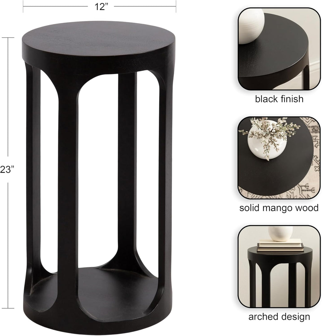 Kate and Laurel Dahl Modern Slatted Wooden Round Drink Table; 12 x 23; Black; Transitional Wood Accent Pedestal Table for Use as Living Room Plant Stand or Small Bedroom Nightstand