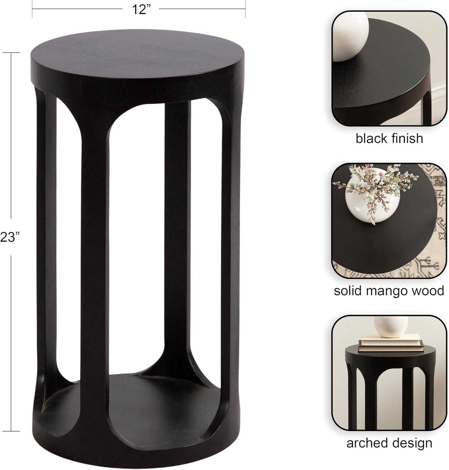 Kate and Laurel Dahl Modern Slatted Wooden Round Drink Table; 12 x 23; Black; Transitional Wood Accent Pedestal Table for Use as Living Room Plant Stand or Small Bedroom Nightstand