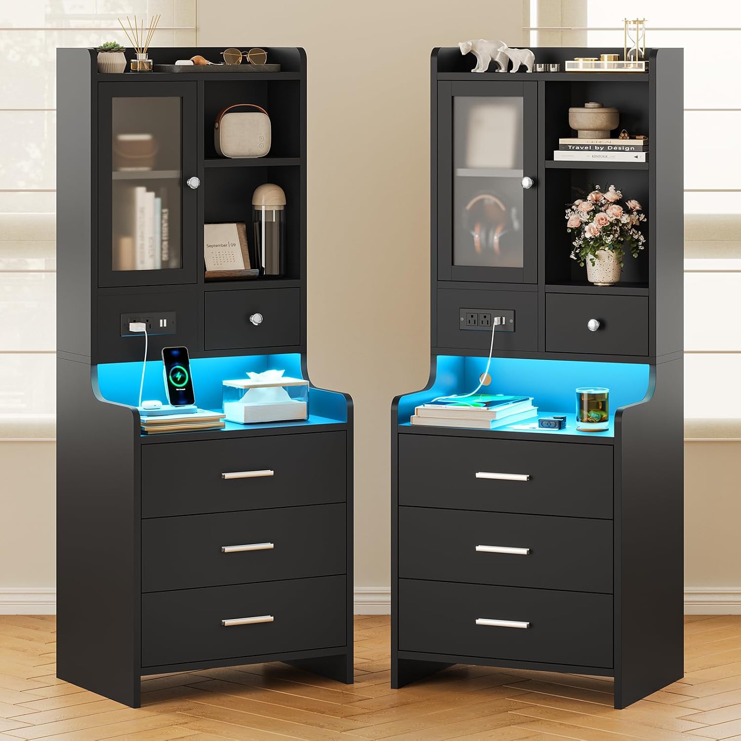 ADORNEVE Black Night Stand Set of 2 with Charging Station,49.2' LED Nightstand for Bedroom,Tall Bedside Table with Bookshelf and Drawers,Side Tables Bedroom,13.8' D x 17.7' W x 49.2' H