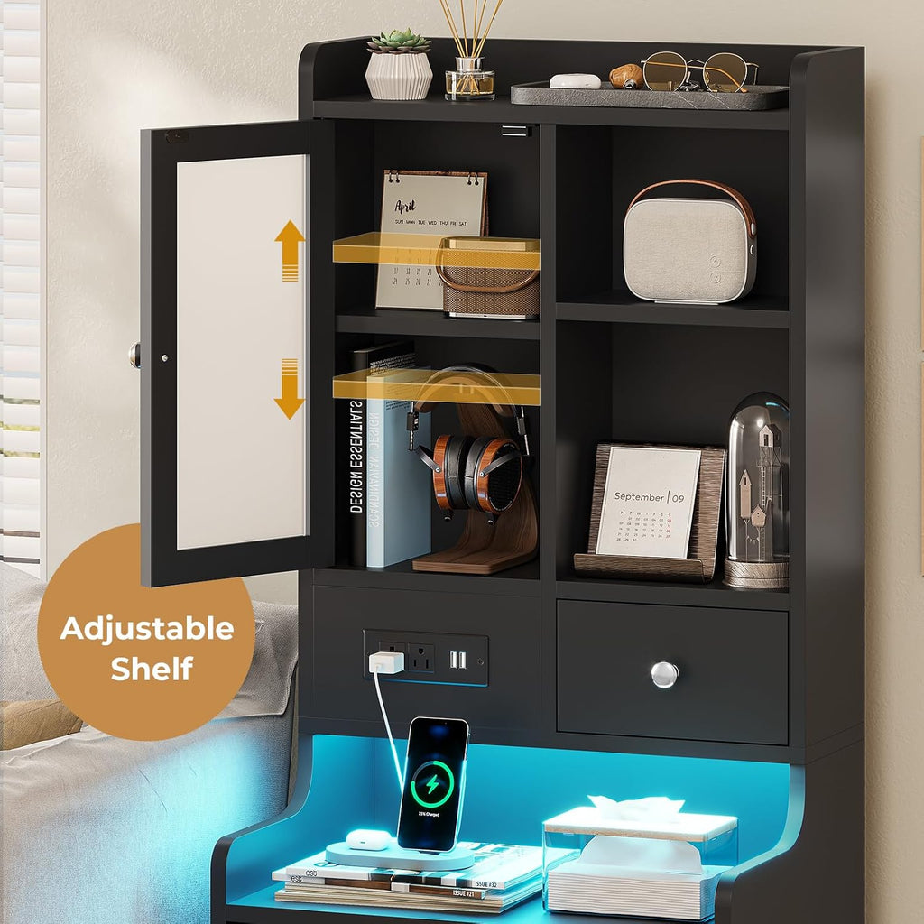 ADORNEVE Black Night Stand Set of 2 with Charging Station,49.2' LED Nightstand for Bedroom,Tall Bedside Table with Bookshelf and Drawers,Side Tables Bedroom,13.8' D x 17.7' W x 49.2' H
