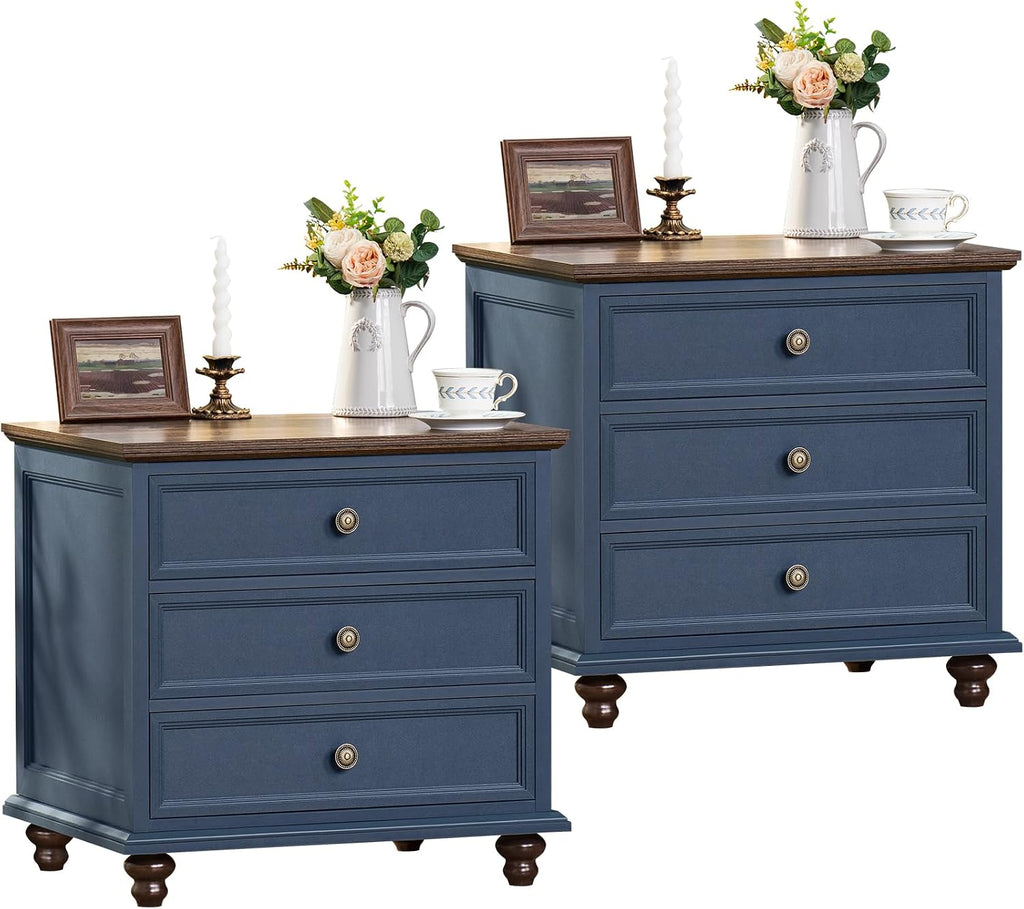 Joaxswe 24' Wide Farmhouse Night Stand Set of 2,Large End Table with 3 Drawers & Metal Handle,Blue Dresser for Bedroom,Bed Side Table Chest of Drawers Cabinet,Wood Nightstand for Living Room,Closet