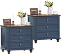 Joaxswe 24' Wide Farmhouse Night Stand Set of 2,Large End Table with 3 Drawers & Metal Handle,Blue Dresser for Bedroom,Bed Side Table Chest of Drawers Cabinet,Wood Nightstand for Living Room,Closet
