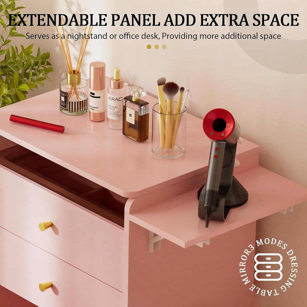 COMHOMA Makeup Vanity Desk with Mirror and Lights, Small 3 in 1 Vanity Table with Visible Glass Top, Flip Top & 3 Drawers, Compact Dressing with Storage Stool for Room or Office