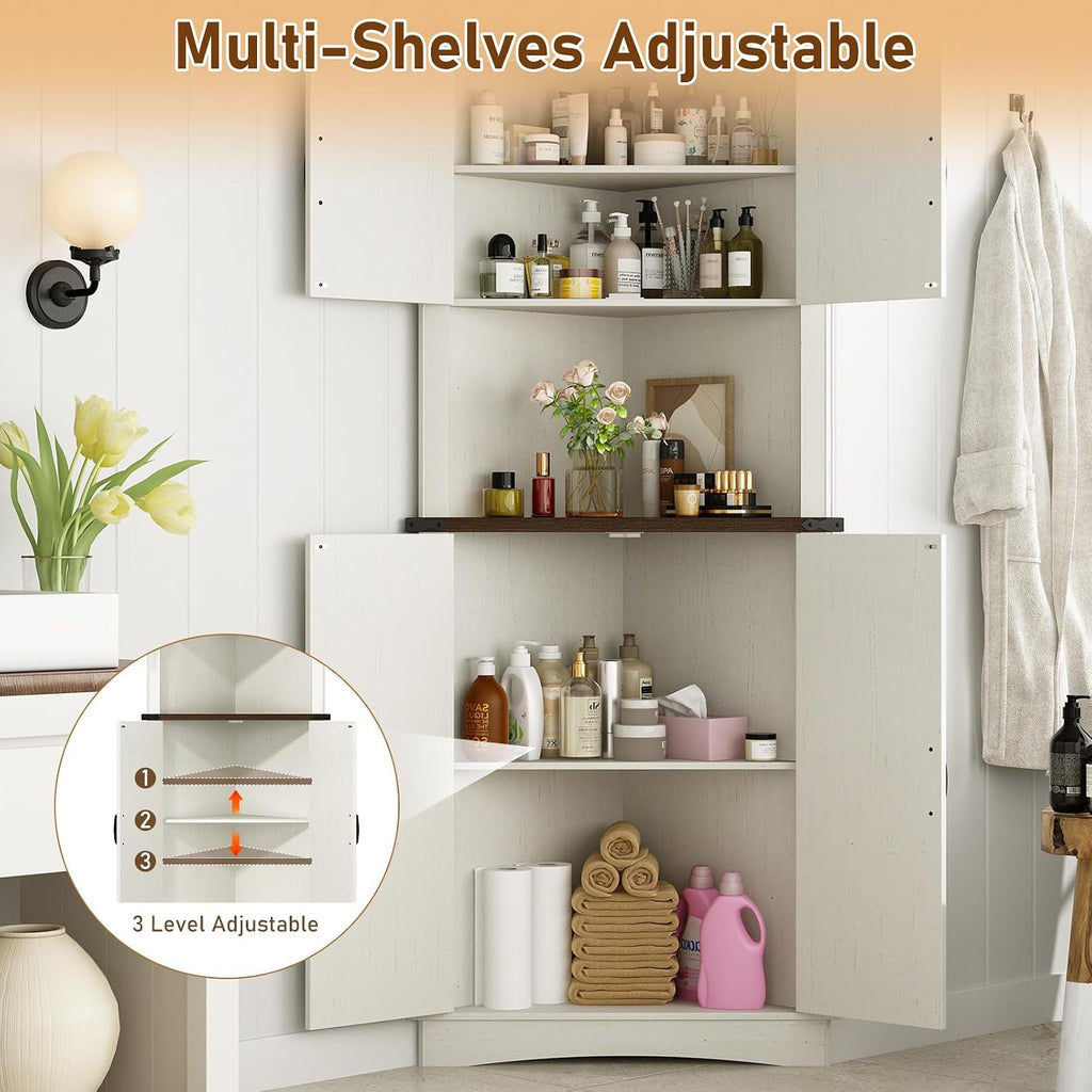 chartustriable 68' Tall Farmhouse Corner Cabinet, 28.3' Corner Storage Cabinet with 4 Doors and Adjustable Shelves, Tall Barn Door Cabinets with 5 Storage Shelves, for Kitchen, Bathroom, Antique White