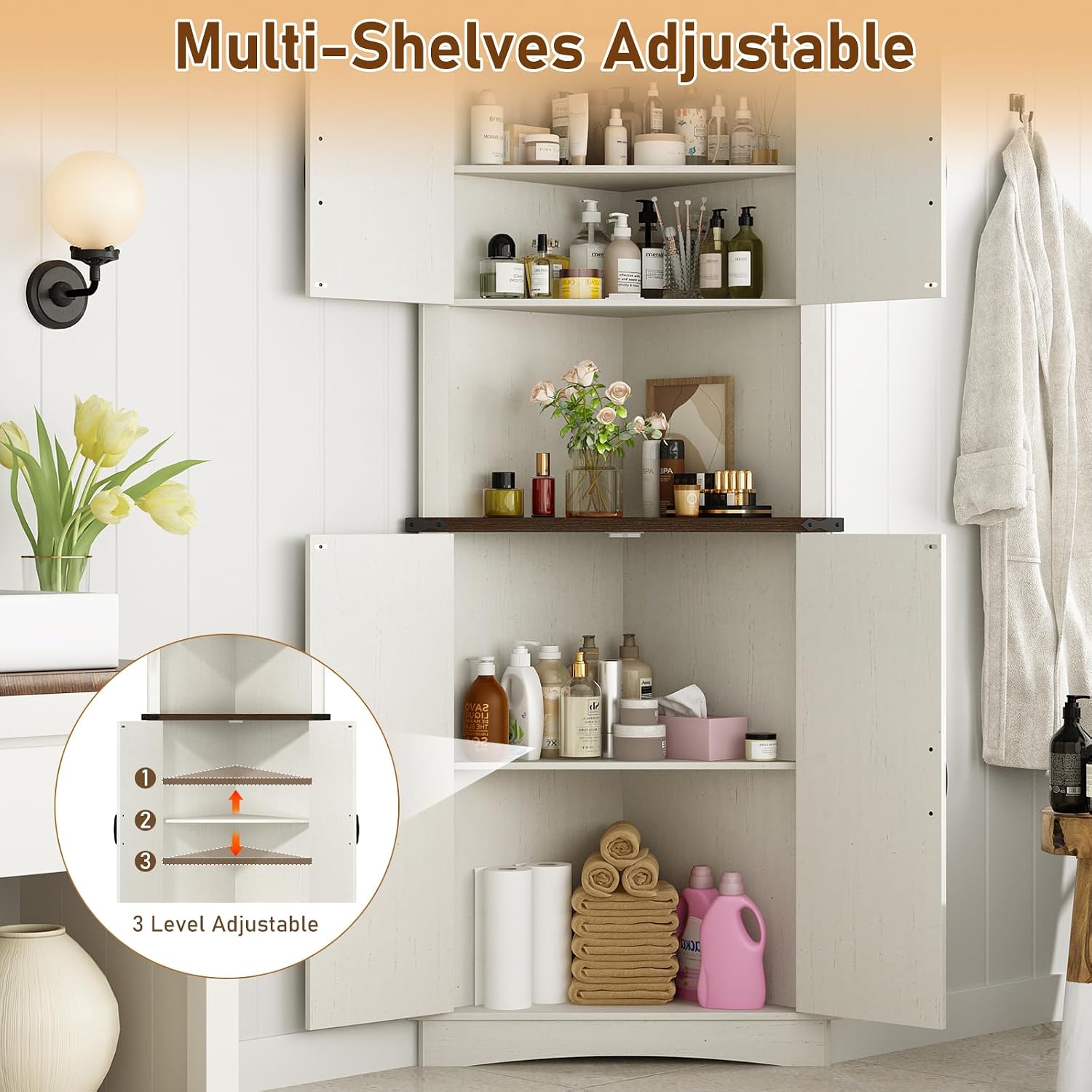 chartustriable 68' Tall Farmhouse Corner Cabinet, 28.3' Corner Storage Cabinet with 4 Doors and Adjustable Shelves, Tall Barn Door Cabinets with 5 Storage Shelves, for Kitchen, Bathroom, Antique White