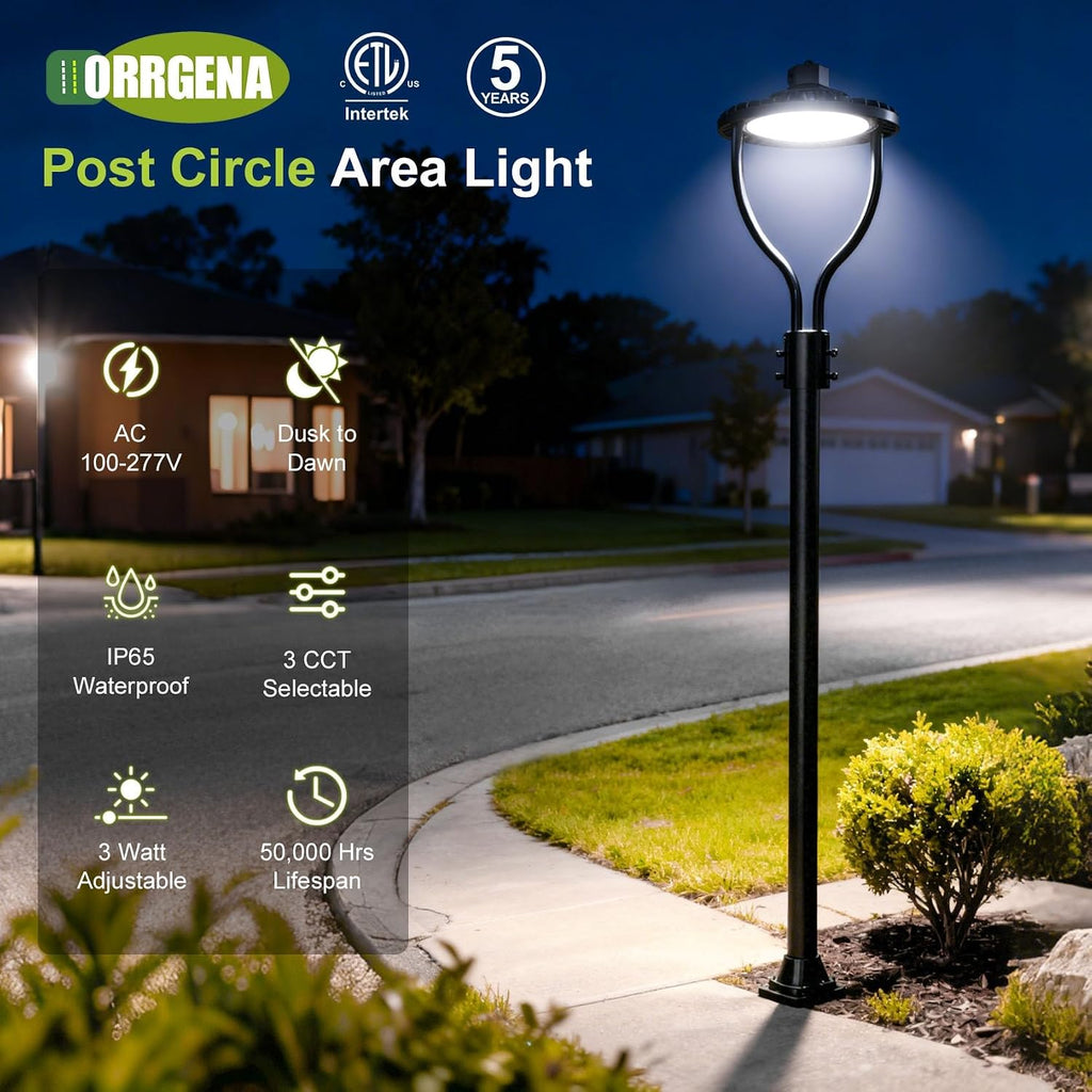 Commercial LED Post Top Light, 80W/64W/48W & 3000K/4000K/5000K Selectable, ETL Listed, 12000LM Post Circle Area Lights with Photocell, IP65 Waterproof for Yard Street, AC100-277V