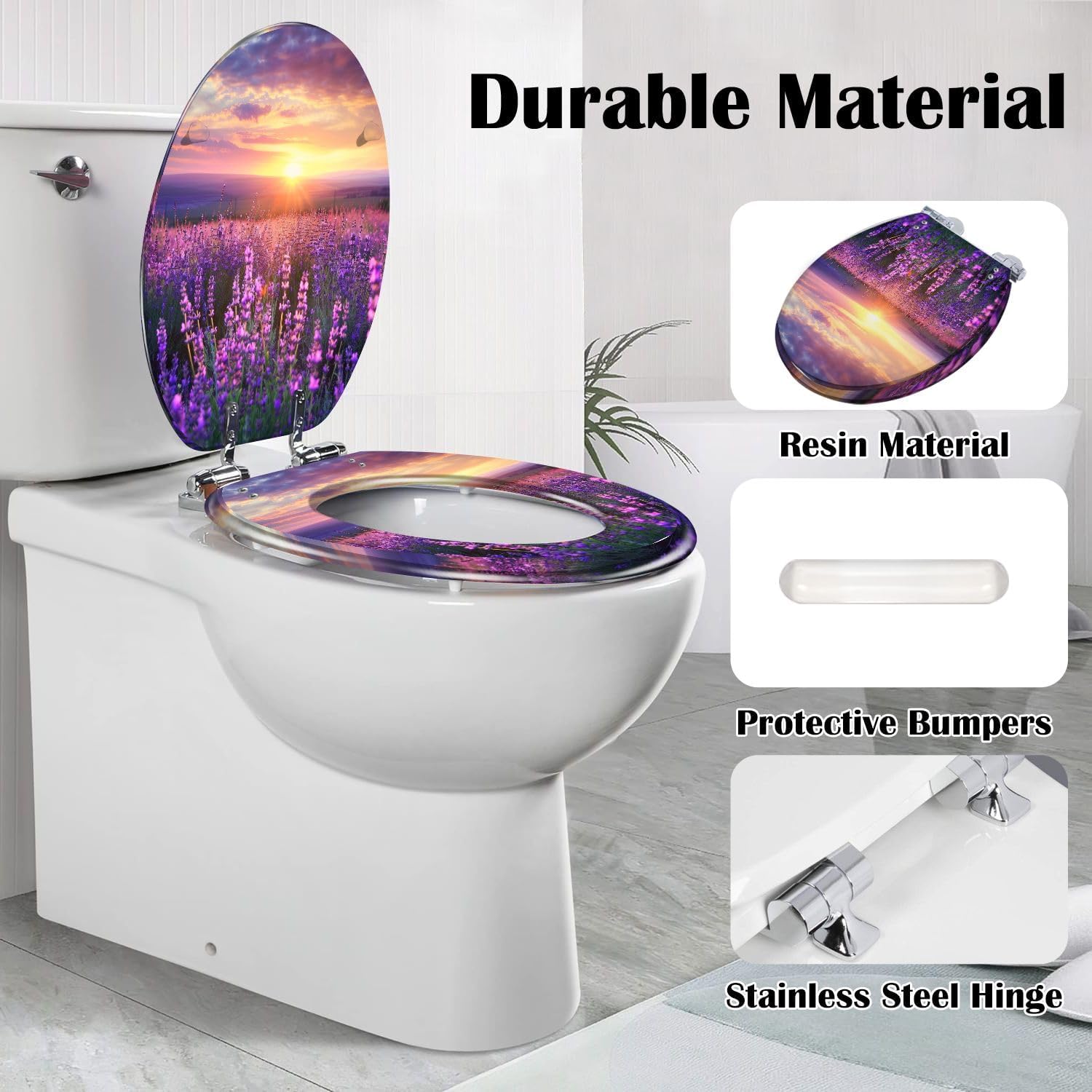 Elongated Toilet Seat Meadow lavender Resin Toilet Seat Slow Quiet Close Lid with Quick-Release Hinges Cover Bumpers Easy to Clean Install